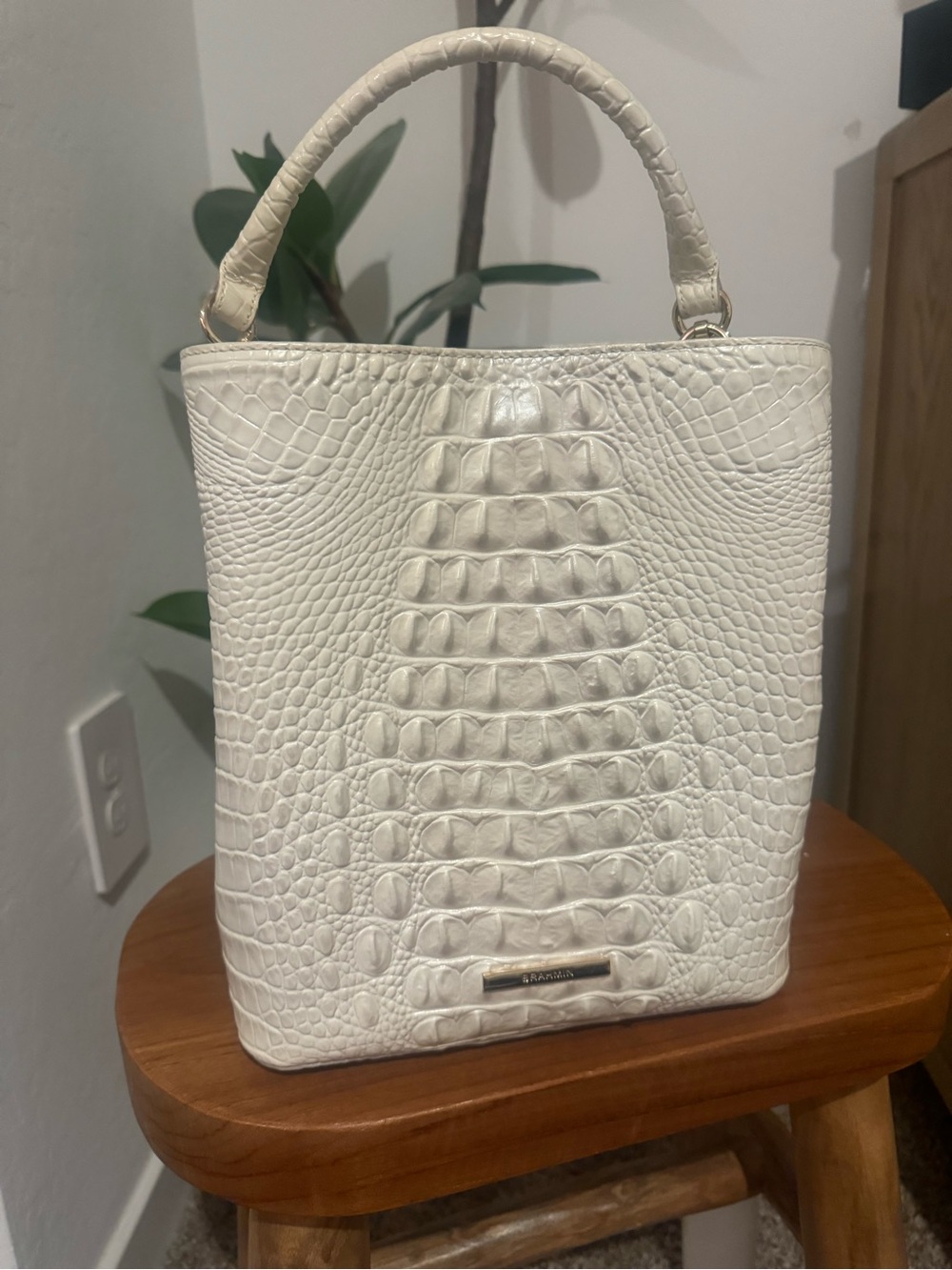 Brahmin Ivory Croc-Embossed Top Handle Shoulder Bag